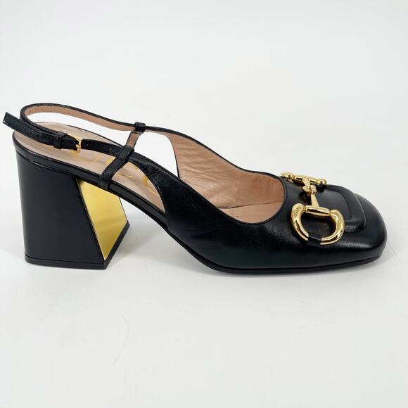 Gucci Black Leather Baby Horsebit Square Toe Block Heel Slingback Pumps EU 37 - Picture 3 of 12